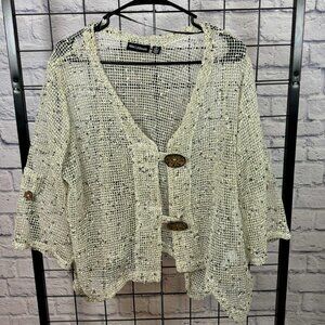 Nina Leonard XL Open Knit Button Front Cardigan – Cream Textured Mesh Cover-Up